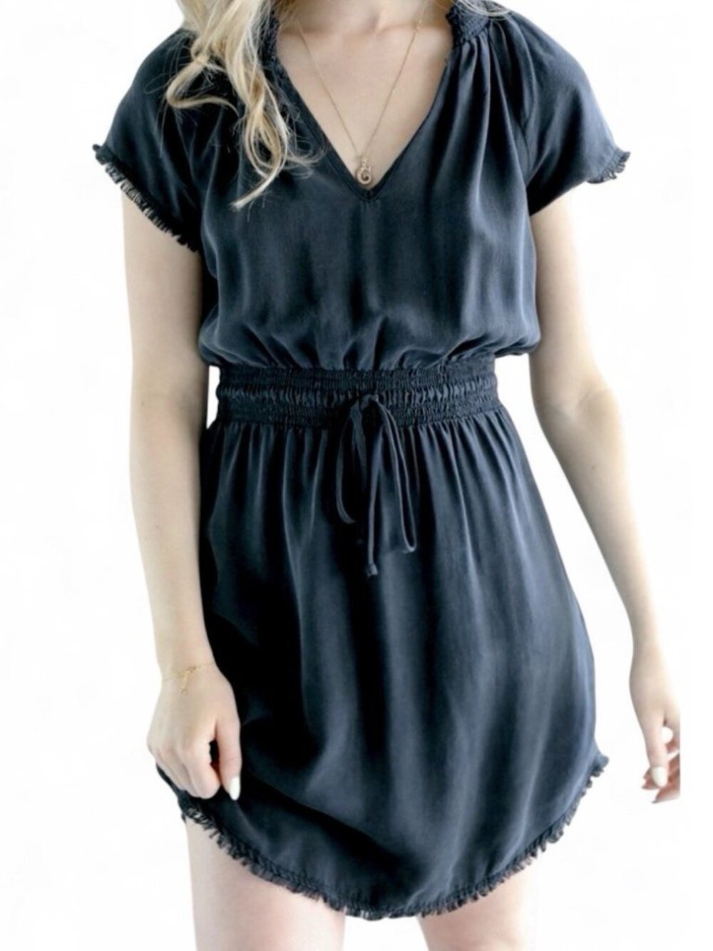 Bella Dahl Womens Black Dress Tie Waist Stretchy Soft Minimalist Quiet Luxury, L